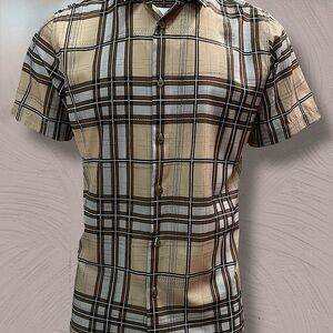 Tan Plaid Casual Button Down Shirt with Short Sleeves